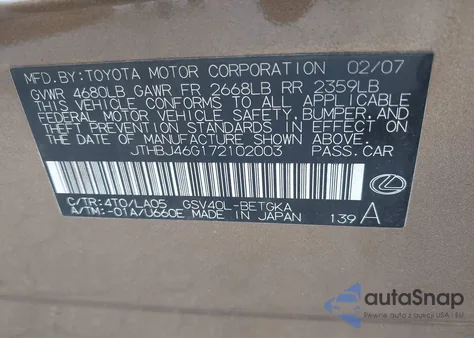 2007 Lexus Es from USA, damaged, VIN JTHBJ46G17210200